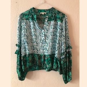 Green floral print ruffle blouse